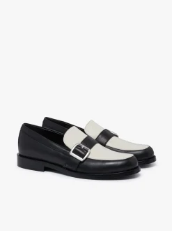 Hot Monty Buckle Loafers Black and Off White Leather Women Penny Loafers