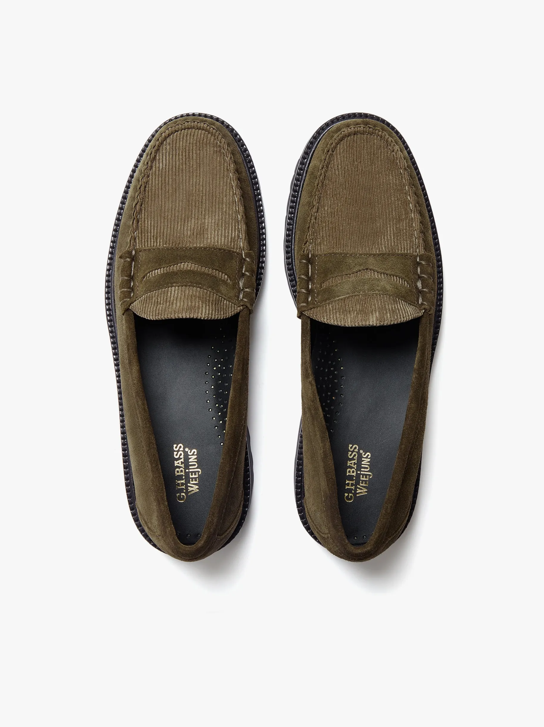 Weejuns Larson Lug Penny Loafers Combat Suede and Olive Corduroy Penny Loafers