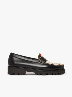 New Whitney Super Lug Penny Loafers Black Leather with Cow Print Women Chunky Loafers