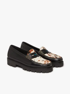 New Whitney Super Lug Penny Loafers Black Leather with Cow Print Women Chunky Loafers