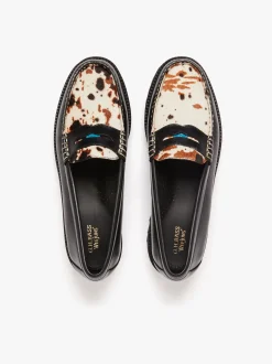 New Whitney Super Lug Penny Loafers Black Leather with Cow Print Women Chunky Loafers